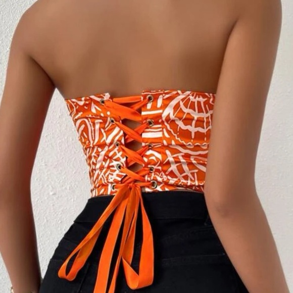 SHEIN Privé Allover Print
Grommet Lace Up Bustier Tube Top SIZE XS ORANGE & PINK - Picture 3 of 13